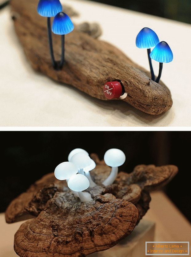 LED lámpa gomba formájában egy darab fa
