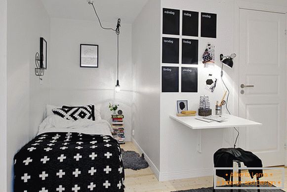 Stílusos kis hálószoba fekete-fehér színekben