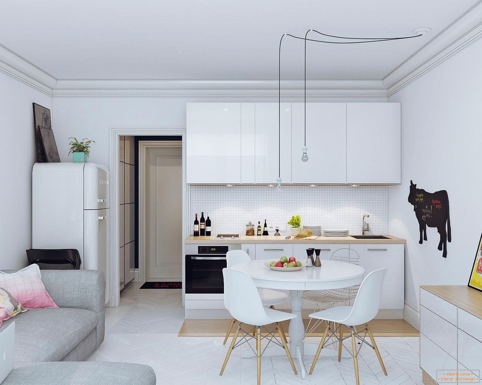 Modern nappali konyhával világos kivitelben