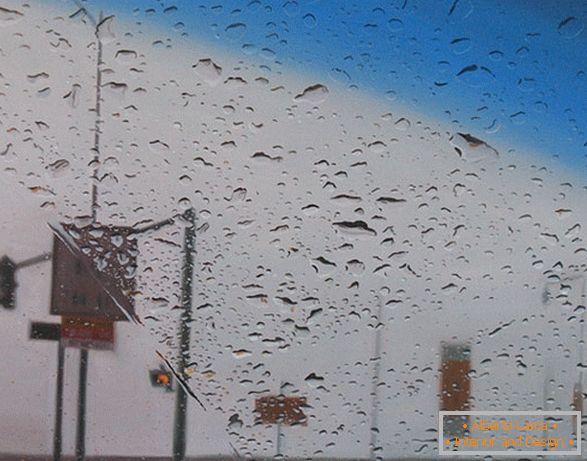 Kilátás az autóról az esőben, olajfestmény