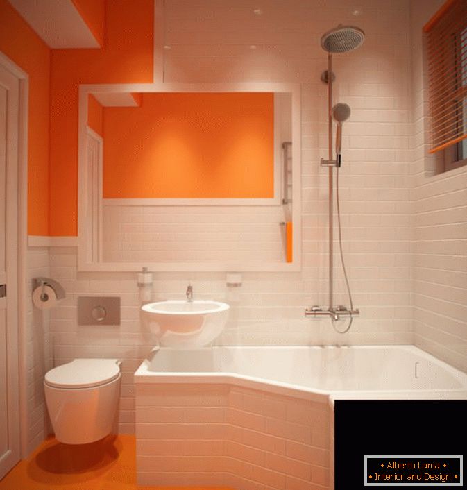 Gyönyörű fehér és narancssárga kombináció a fürdőkád kialakításában