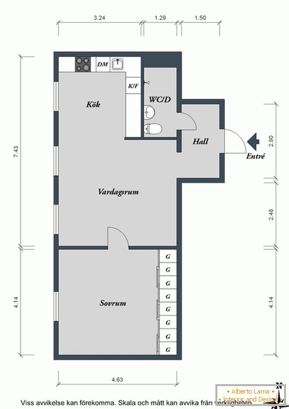 A terv egy kis lakás Svédországban