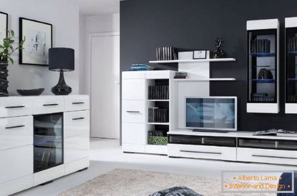 Modern nappali bútorok - fehér fényes fekete háttéren