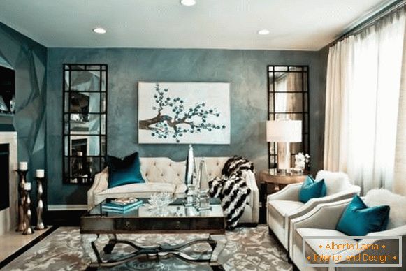 Szép design nappali fehér bútorokkal - kék kép