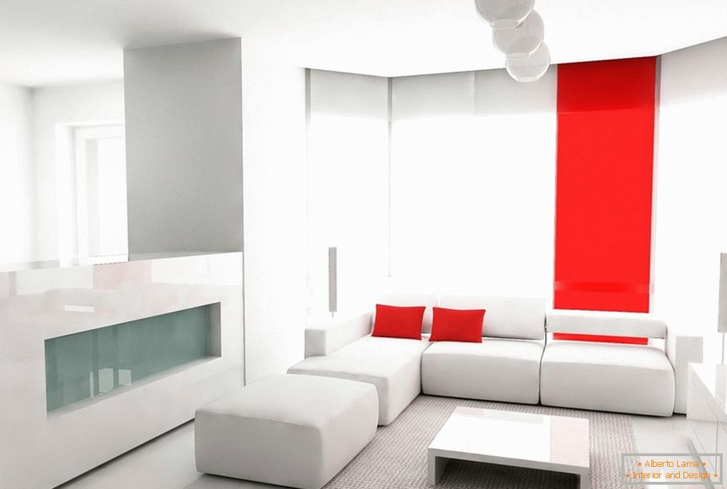 A belső tér minimalista stílusban, fehér bútorokkal