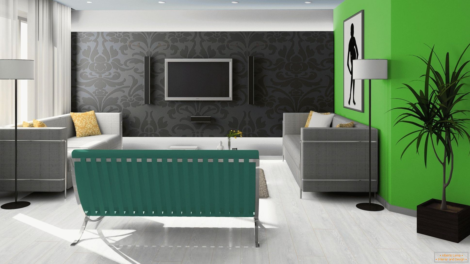 Fekete, zöld és fehér a nappali kialakításában