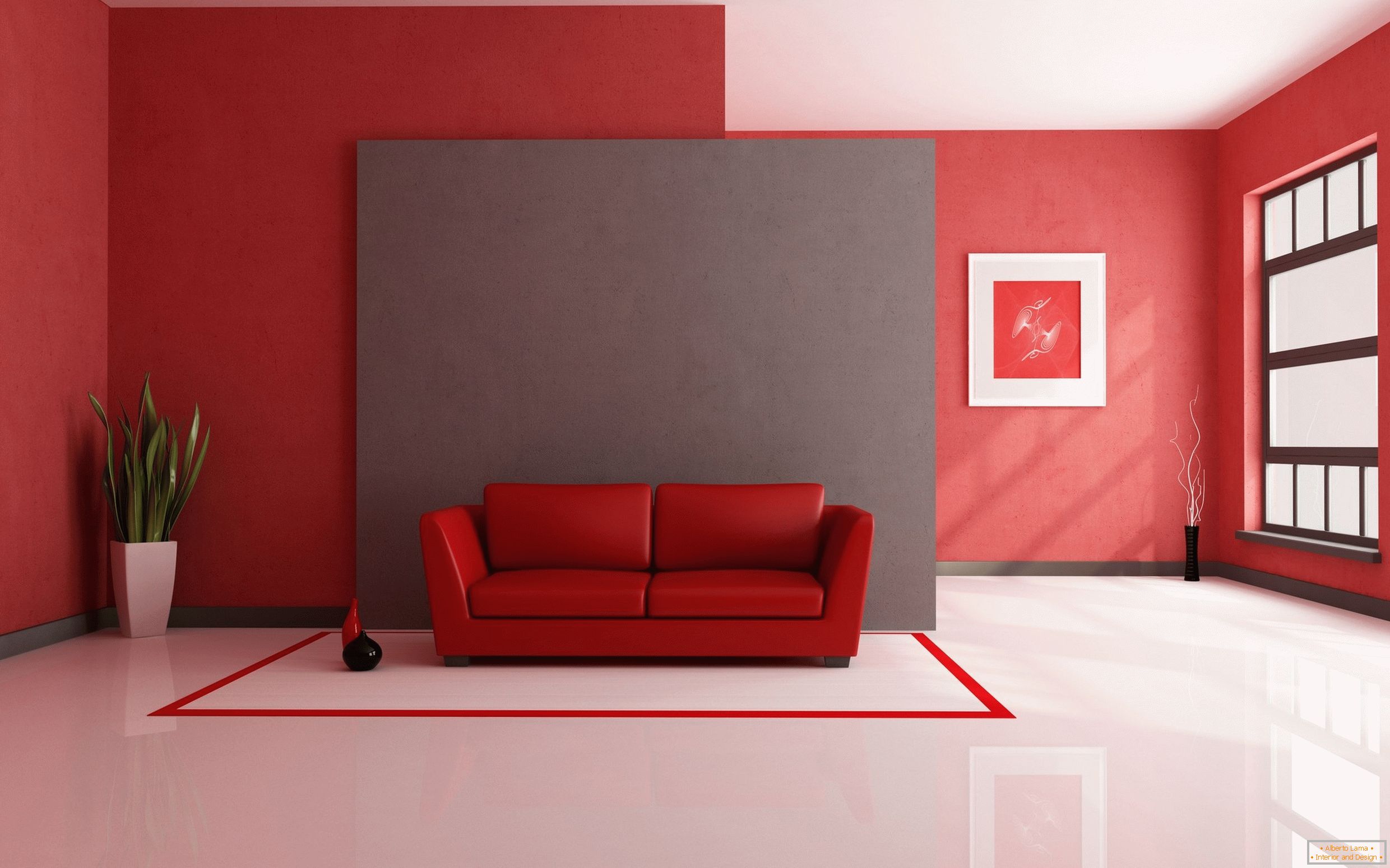 Fehér padló vörös színű anyagokkal és belső elemekkel kombinálva