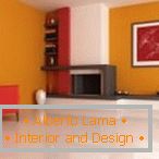 Narancs, piros és fehér kombinációja a nappali kialakításában