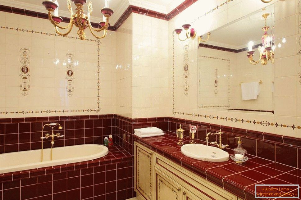 fürdőszoba комната в плитке бордового цвета