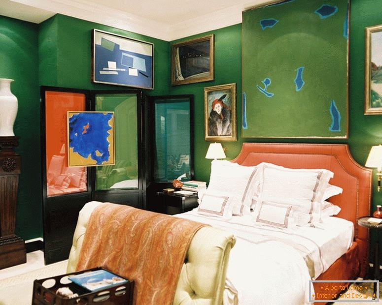 Hálószobai belsőépítészet zöld színben