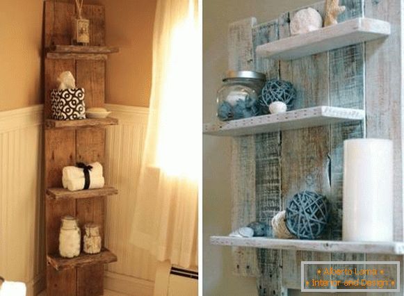 Hogyan kell díszíteni egy fürdőszoba gyönyörű fából készült polcokon