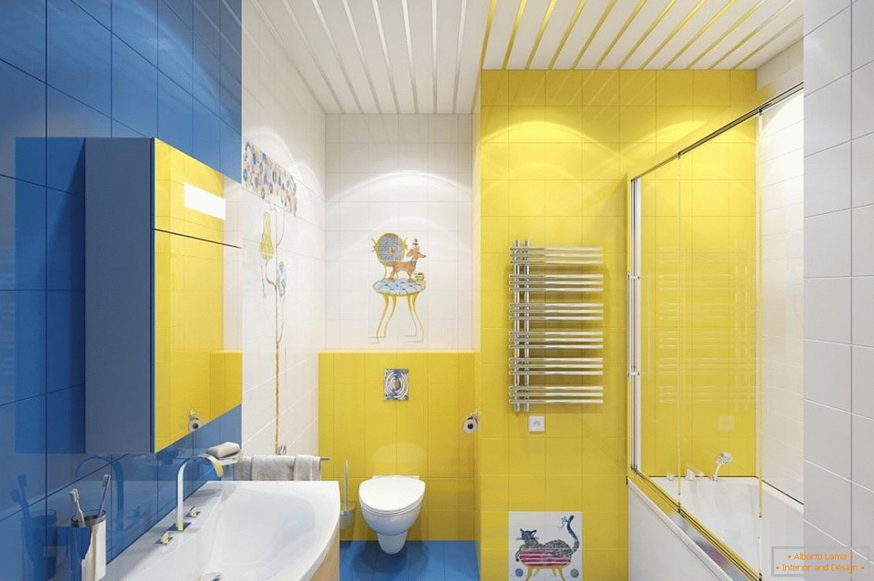 Kék, sárga és fehér a fürdőszobában