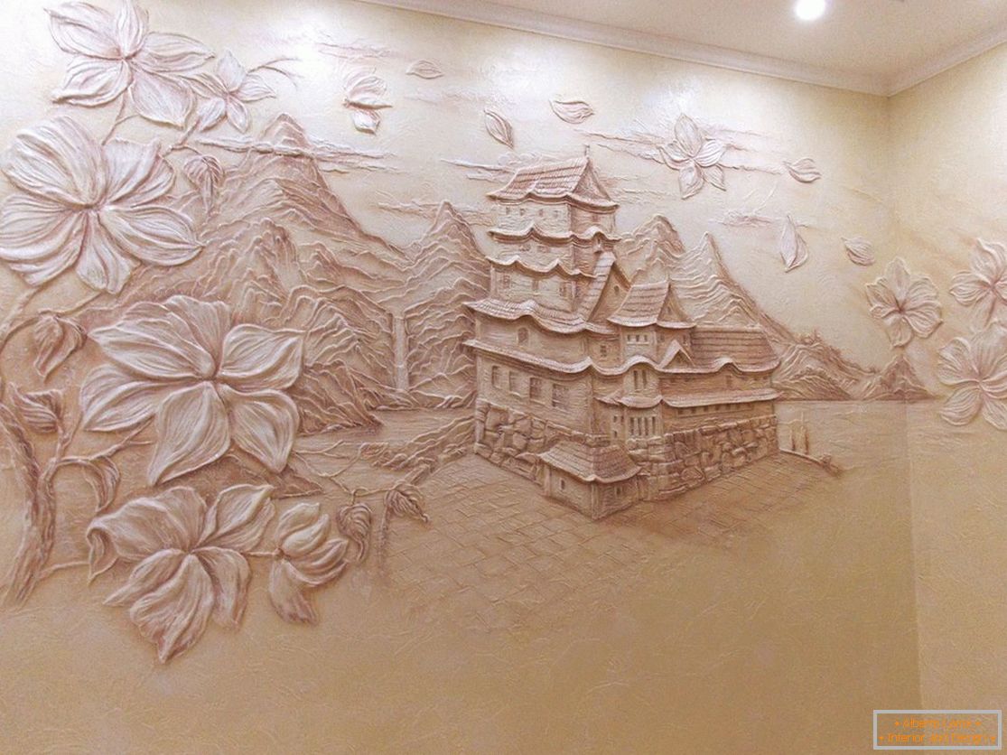 Volumetrikus rajz egy házzal és fákkal dekoratív vakolatból