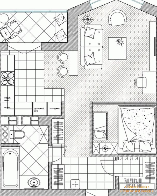 Egy egyszobás apartman tervezői belseje egy fiatal párnak