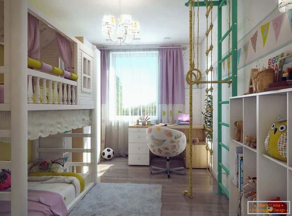 Gyermekszoba Hruscsovban két emeletes ággyal és egy svéd falral