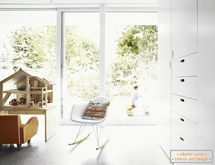 A gyermekszobában a padló és a falak minimalista stílusban egyhangúak lehetnek. Mivel a világítás a legjobb a kis mennyezeti csillár vagy a LED spot világítás. 