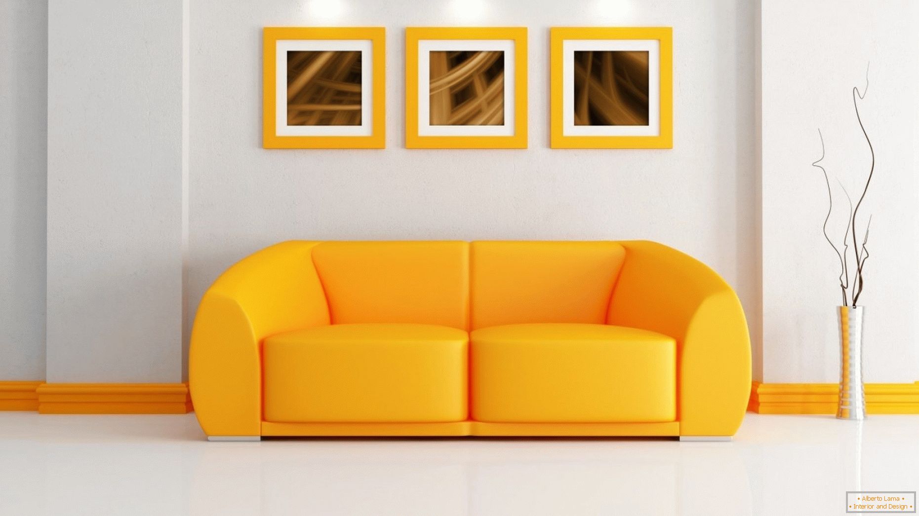 Világos belső tér narancssárga kanapéval