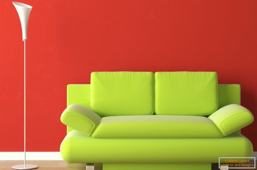 Világoszöld kanapé egy piros belseje
