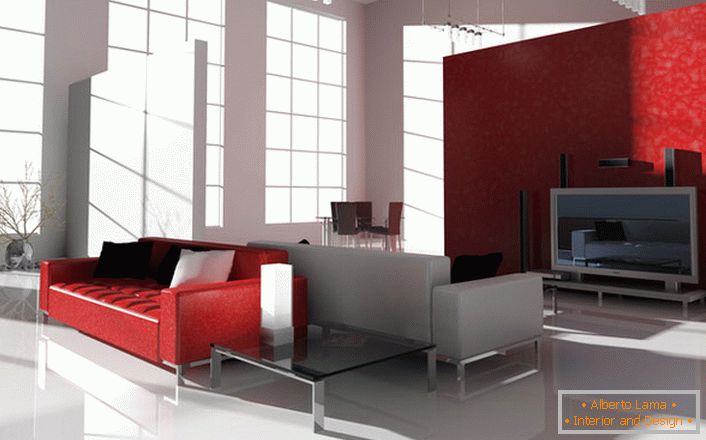 A csúcstechnológiájú kontrasztos skarlát színe érdekes és igényes. A krómozott lábak fényes vörös kanapéja ideális a modern belső dekorációhoz.