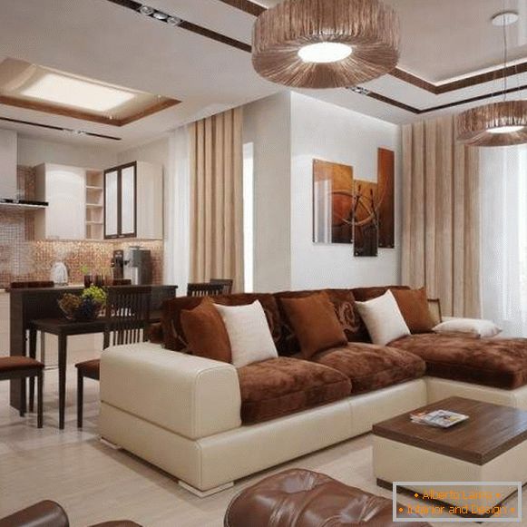 A nappali modern kialakítása egy magánházban fehér és barna színben