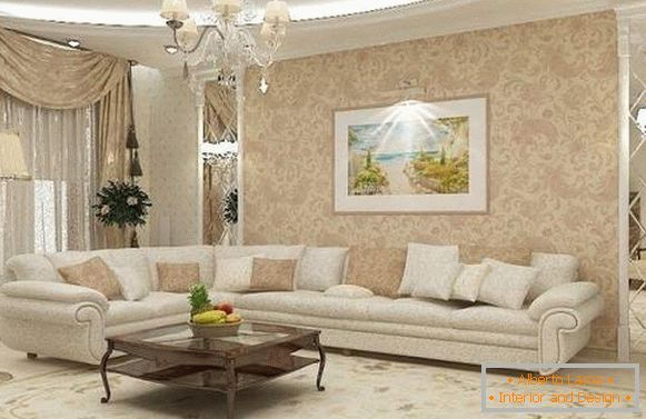 A nappali klasszikus kialakítása magánházban fehér és bézs színben