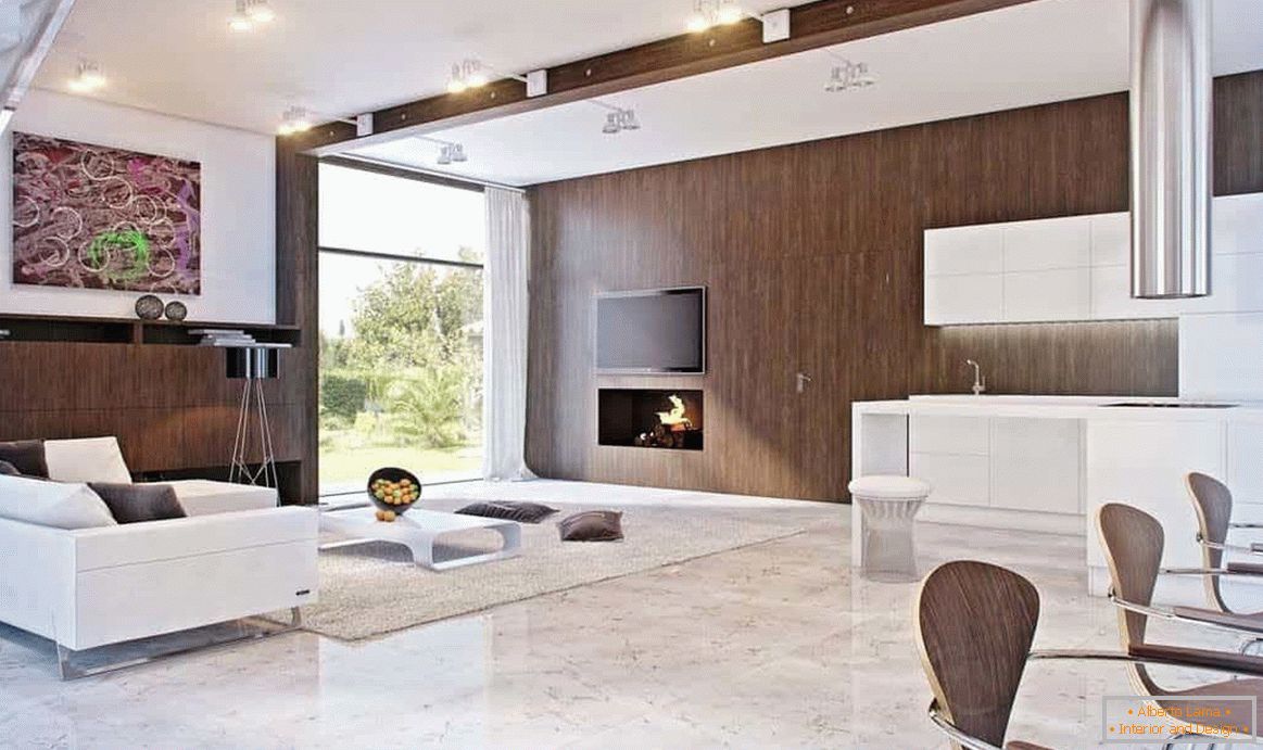A nappali modern stílusban és faházban díszíthető