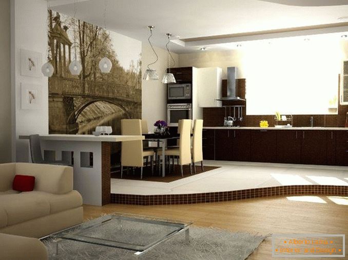 A nappali elkülönítése a falakon és a padlón különböző színekben