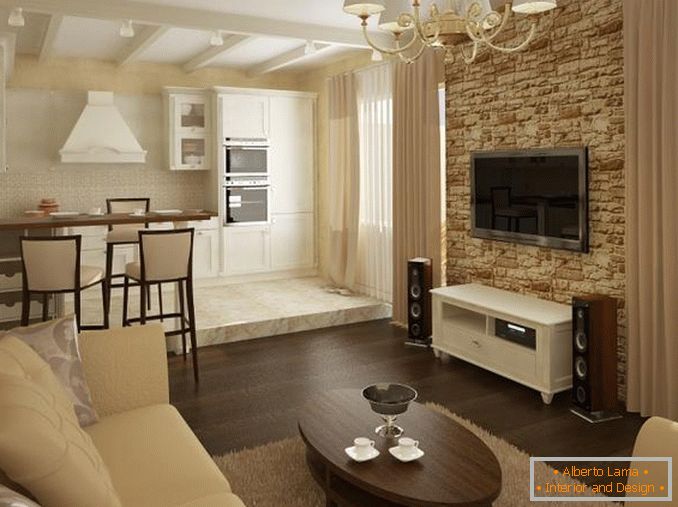 A nappali elkülönítése a padló és a falak különböző díszítésével