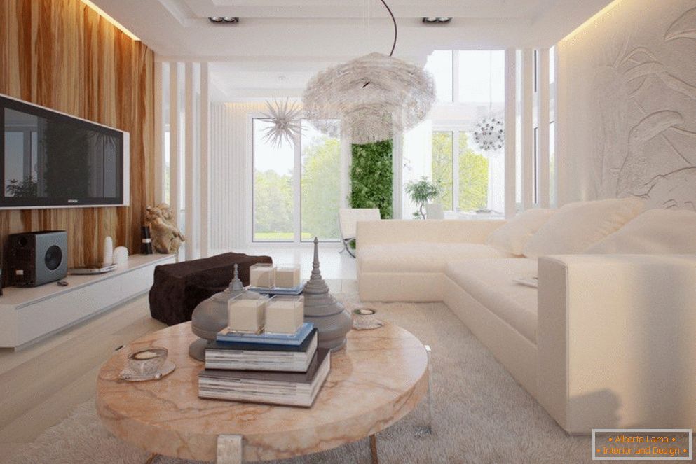 Könnyű színek a nappali belsejében a minimalizmus stílusában