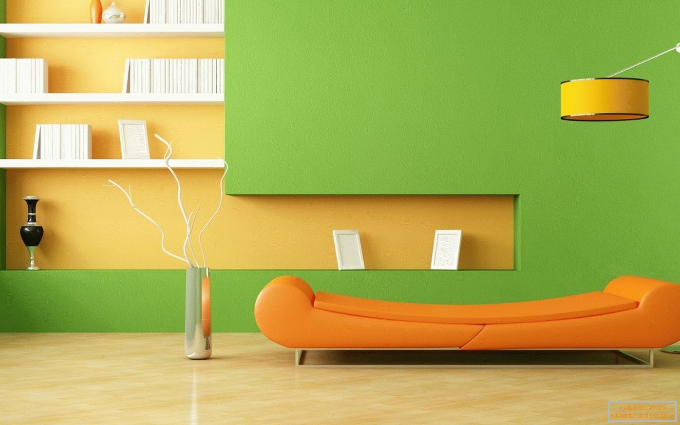 Narancsszínű kanapé és zöld falak