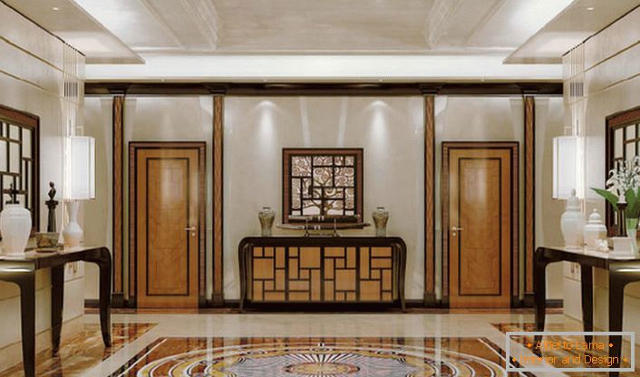 A csarnok exkluzív díszítése a klasszikus hangulatú art deco stílusban. A stílusos, kifinomult belső tér, amely nem tartalmaz díszítő részleteket, drága és előszeretetteles.