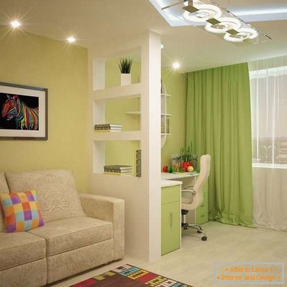 A lakás belső kialakítása 40 m²-es, élénk színekkel