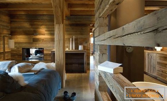 Belsőépítészet egy vidéki ház faház stílusban - hálószoba és fürdőszoba
