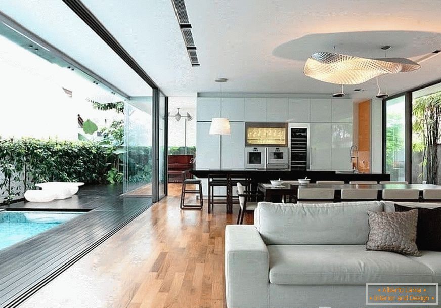 Design konyha-étkező-nappali, teljesen üvegből álló fal