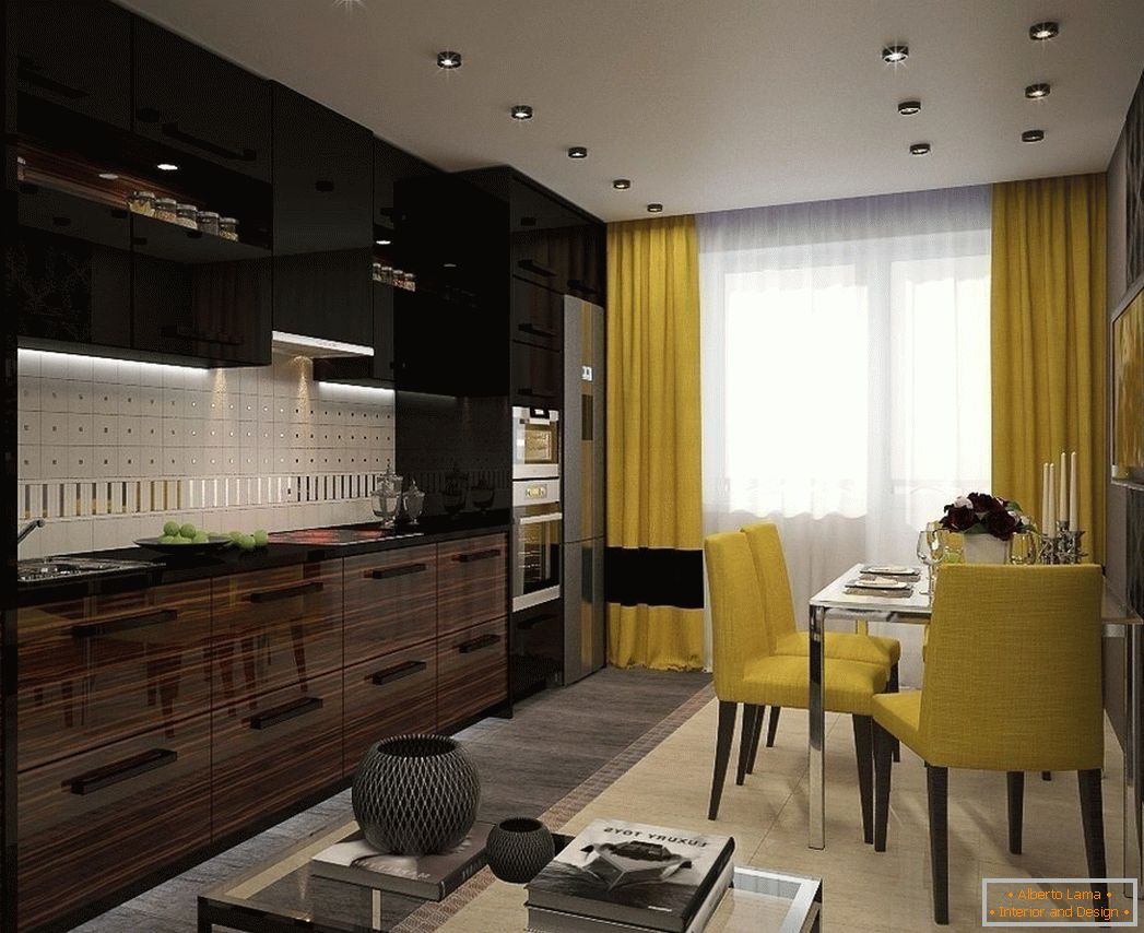 Fekete és sárga konyha belső