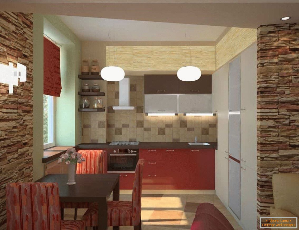 Mesterséges kő díszítése a falak a nappaliban együtt a konyha Hruscsov