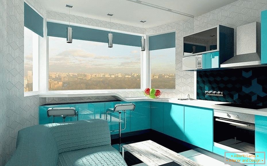 Design konyha design egy bogyó színű, egy öböl ablak, egy bárpult az ablakban