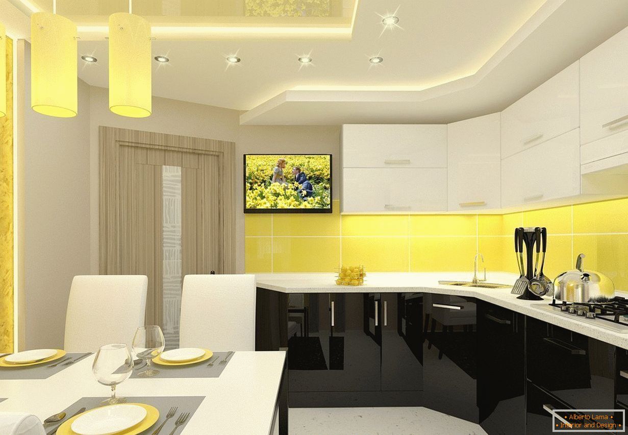 Sárga-fehér konyha belső a lakásban