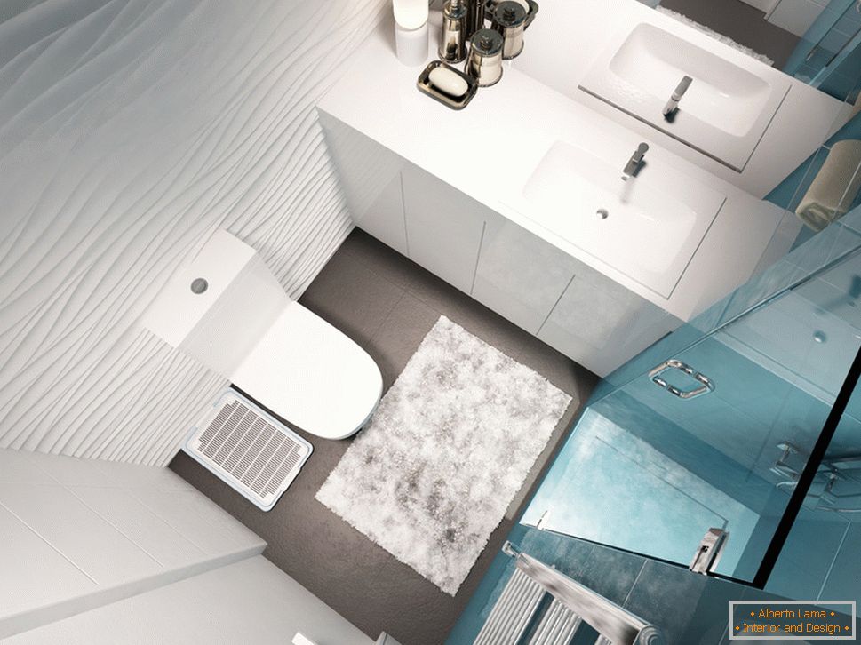 Fürdőszobai tervezés fehér és kék színben