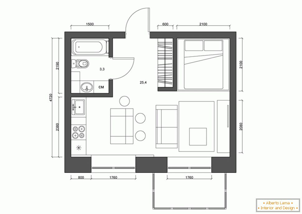 A lakás elrendezése 30 négyzetméter. m fekete-fehérben