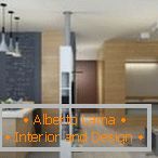 Az apartman belseje konyha, étkező és hálószoba területekkel