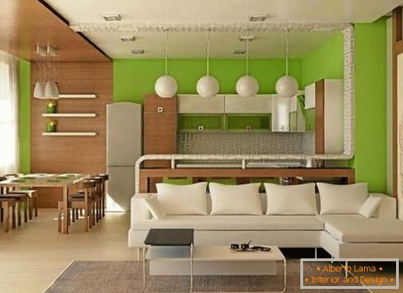 25 nm-es, fehér, zöld és barna színű stúdió apartman tervezési projektje