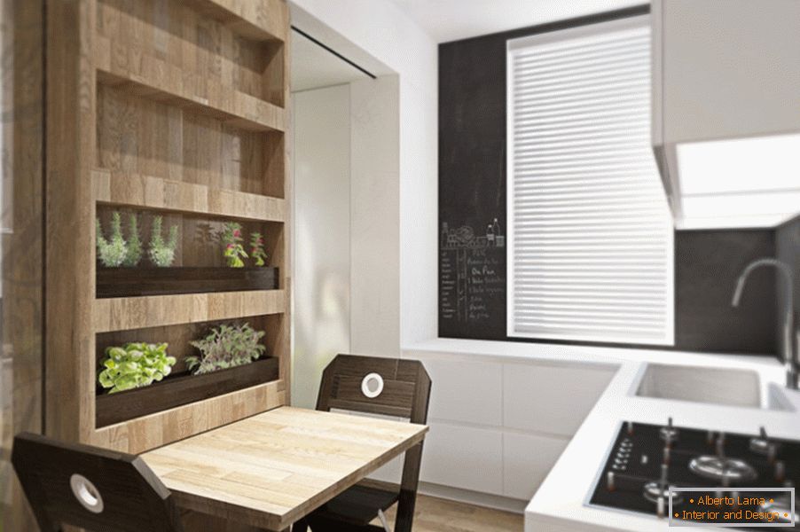 Apartman design transzformátor: egy rack növényekkel a konyhában