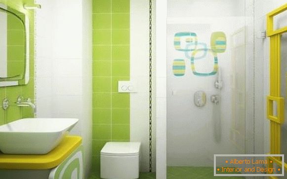 Kombinált fürdőszoba zöld színekkel és zuhanyzóval