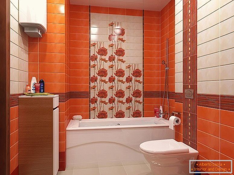 Narancs csempe egy kis fürdőszobában