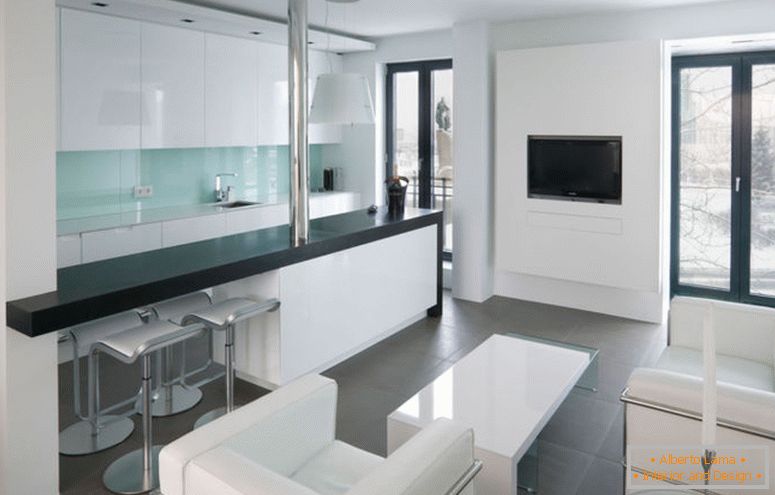 hálószoba-simple-stúdió-apartman-design-ötlet-for-nappali-with-fehér kanapé-with-fehér-asztal-szürke padlólapok-és üveg-ajtós-with-fekete-frame-elegant- stúdió-apartman-design-ötleteket
