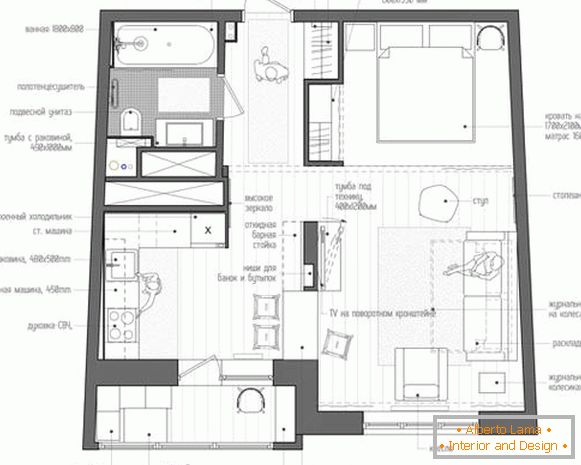 40 négyzetméteres egyszobás lakás tervrajza