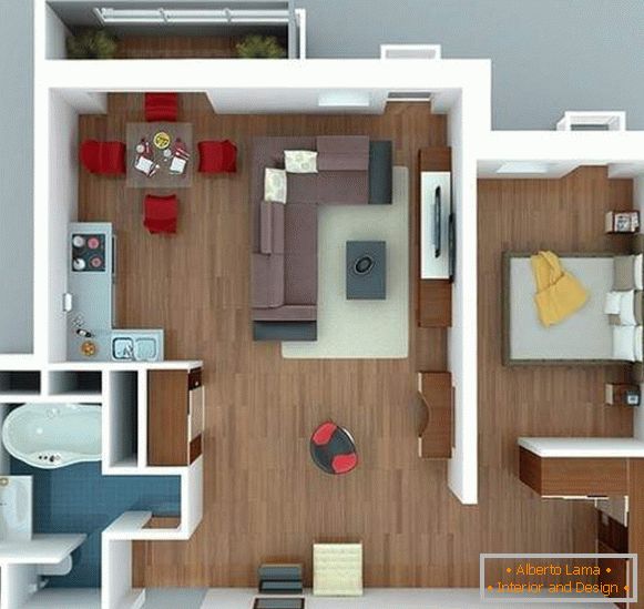 Egyszobás stúdió apartman tervezése egy modern stílusban
