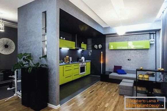 Az egyszobás apartman belső kialakítása kombinált konyhával