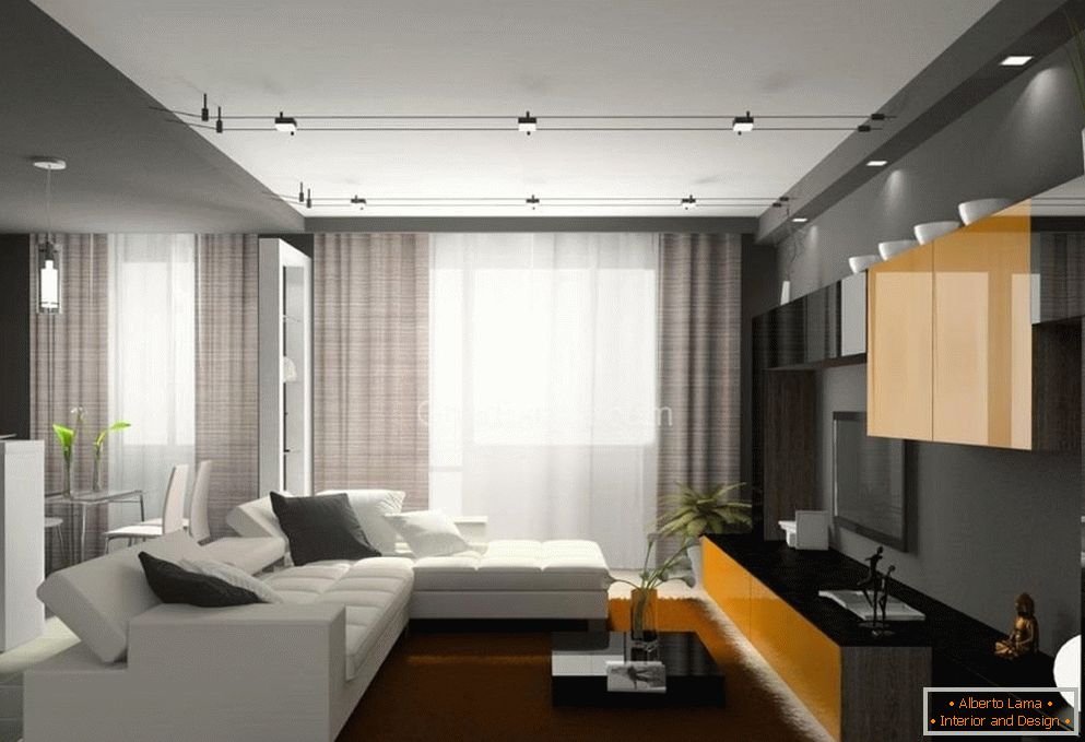 Fehér kanapé és barna szőnyeg a nappaliban